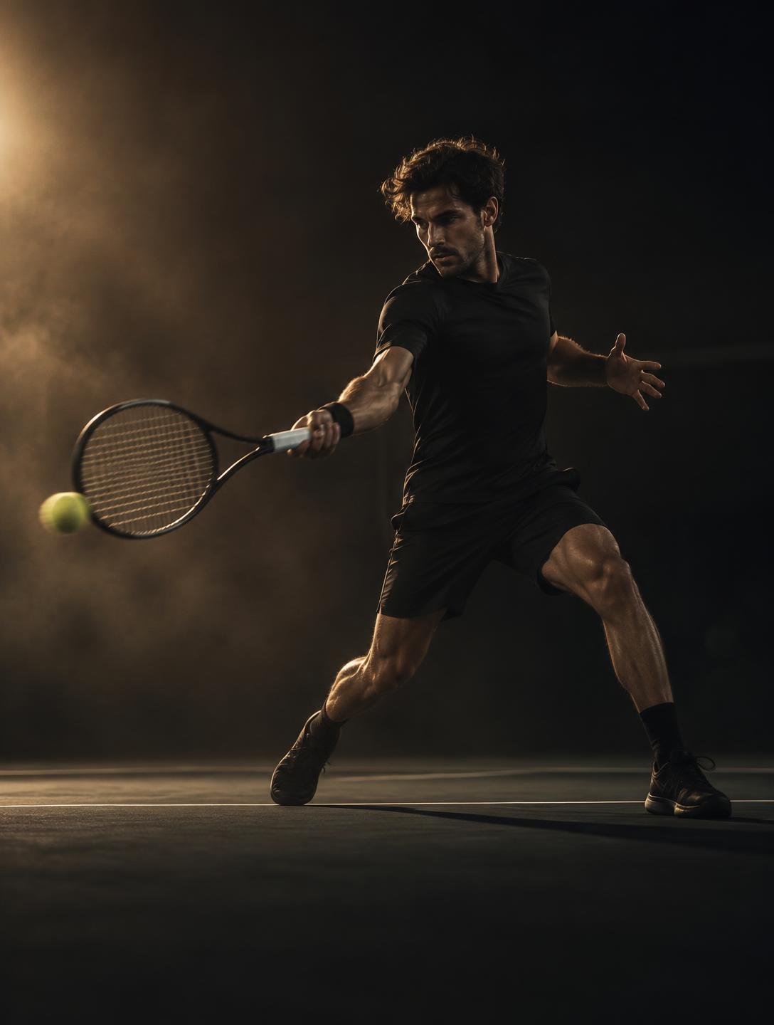 Tennis player hitting a forehand at dusk